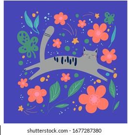 Stylish hand-drawn square shaped poster with cat. Vector childish illustration (doodle) Cat flies among flowers, greenery and falling golden stars.For print,textile, stickers, posters, cards, t-shirts