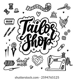 Stylish Hand-Drawn Tailor Shop Illustration With Sewing Tools and Craft Icons, Featuring Sewing Machine, Needles, Threads, and Measuring Tape. EPS 10