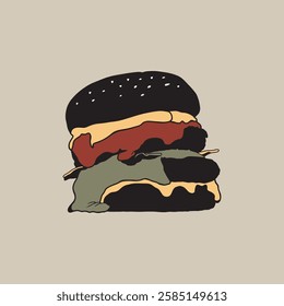 A stylish hand-drawn vector illustration of a gourmet burger with a black sesame seed bun, melted cheese, fresh greens, and rich toppings.