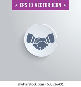 Stylish handshake icon. Blue colored symbol on a white circle with shadow on a gray background. EPS10 with transparency.
