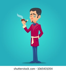 Stylish handsome man with beard and pipe. Dandy English Victorian gentleman in a dressing gown vector illustration cartoon eps10