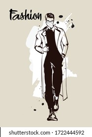 Stylish Handsome Man In Fashion Clothes. Fashion Man. Hand Drawn Male Model. Sketch. Vector Illustration.