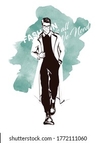 Stylish Handsome Man In Fashion Clothes. Fashion Man. Hand Drawn Male Model. Sketch. Vector Illustration.