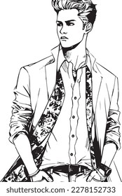 Stylish handsome man in fashion clothes. Fashion man. Hand drawn male model.