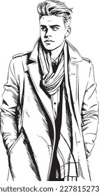 Stylish handsome man in fashion clothes. Fashion man. Hand drawn male model.
