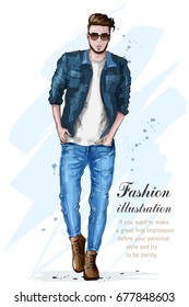 Stylish handsome man in fashion clothes. Fashion man. Hand drawn male model. Sketch. Vector illustration.