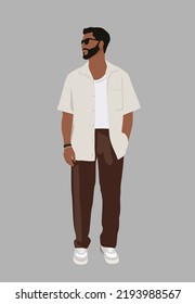 Hombre elegante y bonito vestido de moderno traje de verano de moda callejera. Caricatura de carácter masculino en el aspecto casual vector ilustración plana realista aislada en fondo neutro.