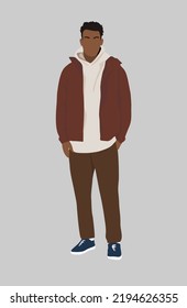 Stylish Handsome Man Wearing Modern Street Fashion Autumn Outfit Standing. Cartoon Black Male Character In Casual Look Vector Flat Realistic Illustration Isolated On White Background.