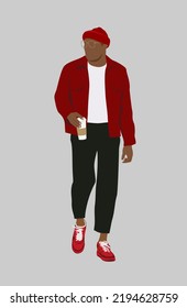 Stylish Handsome Man Wearing Modern Street Fashion Autumn Outfit Standing With Cup Of Coffee. Cartoon Black Male Character In Casual Look Vector Flat Realistic Illustration Isolated.