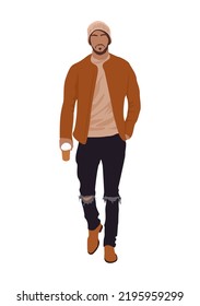 Stylish handsome man wearing modern street fashion autumn outfit standing with cup of coffee. Cartoon male character in casual look vector flat realistic illustration isolated.