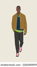 Stylish handsome man wearing modern street fashion autumn outfit walking. Cartoon male character in casual look vector flat realistic illustration isolated.