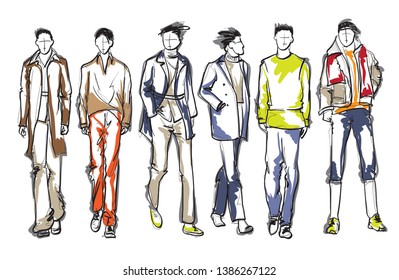 Stylish Handsome Mans In Fashion Clothes. Hand Drawn Beautiful Young Mens. Stylish Mens. Fashion Mens Sketch. Fashion Men Model.