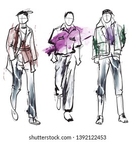 Stylish Handsome Mans In Fashion Clothes. Hand Drawn Beautiful Young Mens. Stylish Mens. Fashion Mens Sketch. Fashion Men Model.