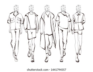 Stylish Handsome Mans In Fashion Clothes. Hand Drawn Beautiful Young Mens. Stylish Mens Set. Fashion Mens Sketch. Fashion Men Model.