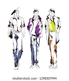 Stylish handsome men in fashion clothes. Hand drawn male models set. Sketches. Handsome stylish man showcasing street fashion