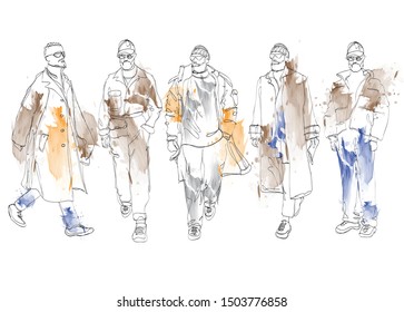 Stylish handsome men in fashion clothes. Hand drawn beautiful young mens. Stylish mens. Fashion mens sketch. Fashion men model.