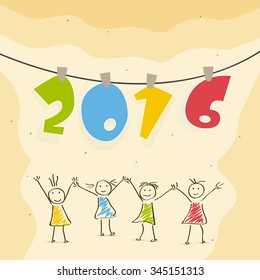 Stylish hanging colorful text 2016 with cute girls holding hands together for Happy New Year celebration.