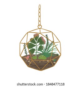 Stylish hanging glass florarium isolated on white background. Glass terrarium with succulents in modern scandinavian style. Flat vector cartoon illustration of decorative mini garden