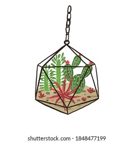 Stylish hanging glass geometric florarium isolated on white background. Plant terrarium with cactuses and succulents in modern scandi style. Flat vector cartoon illustration of home mini garden