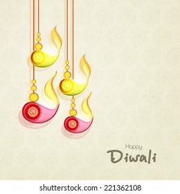 Stylish hanging illuminated oil lit lamps and text of Diwali for Diwali celebration on seamless beige background.