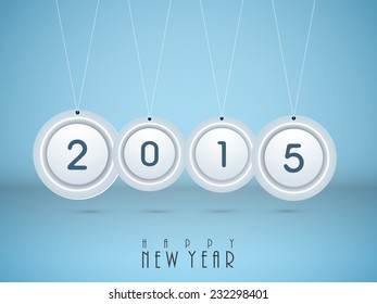 Stylish hanging sticker, tag or label with text 2015 on shiny blue background for Happy New Year celebrations. 