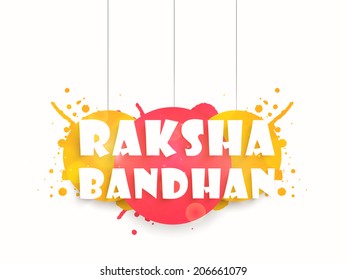 Stylish hanging text Raksha Bandhan on colorful yellow and pink color background. 