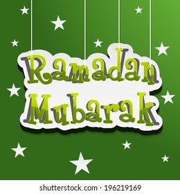 Stylish hanging text Ramadan Kareem on stars decorated green background. 