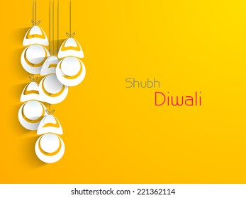 Stylish hanging and text of Shubh Diwali for Diwali celebration on shiny yellow background.