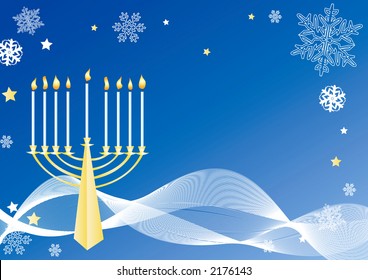 stylish Hanukah card with candles ,chanukia candleholder ,snowflakes and flow of abstract lines