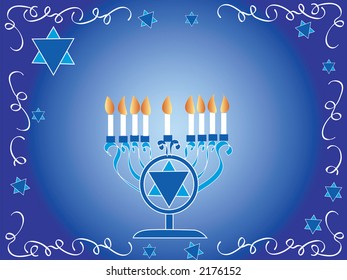 stylish Hanukah card with candles ,chanukia candleholder ,snowflakes and flow of abstract lines