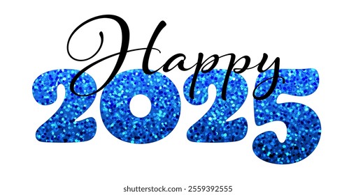 Stylish Happy 2025 typography featuring vibrant blue glitter numbers. Vector illustration for festive New Year celebrations and designs.