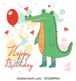 Stylish Happy birthday card with cute crocodile holding balloon.  Illustration in vector format