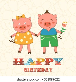 Stylish Happy birthday card with cute pigs couple.  Illustration in vector format