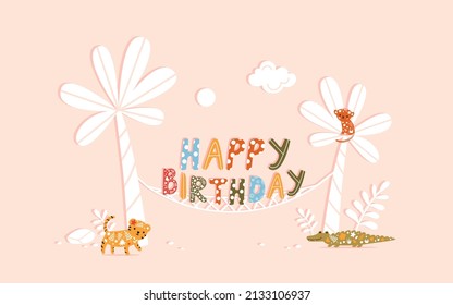 Stylish happy birthday card with funny tiger, monkey and crocodile. Sunny summer day, palms, hammock and greeting text on a pink background. Vector illustration with cute jungle animals