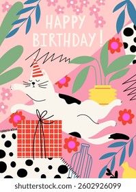 Stylish happy birthday card with funny white lazy cat in cone hat, gift box and flowers. Vector greeting card with cute animal in vector.