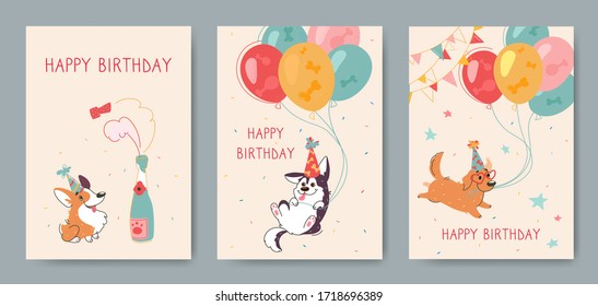 Stylish happy birthday cards with funny corgi, husky and labrador. Inflatable balls, champagne on a beige background. Vector greeting card with cute animals, print for factory textiles.