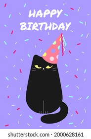 Stylish happy birthday cards with funny black cat. Vector greeting card with cute animal.