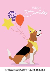 Stylish happy birthday cards with funny beagle. Inflatable balls,  on a pink background. Vector greeting card with cute animals. Baby print with puppy: Puppy party.
