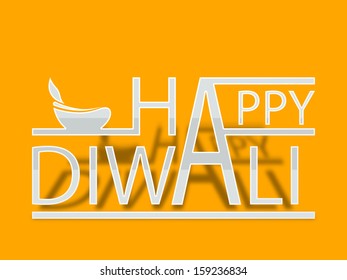 Stylish Happy Diwali paper text on bright yellow background with illustration of oil lit lamp, can be use as flyer, banner or poster for Indian festival of lights, 
