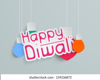 Stylish Happy Diwali text with hanging colorful decorative lights on grey background, can be use as flyer, banner or poster for Indian festival of lights, 