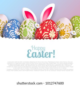 Stylish Happy Easter background. Colorful eggs with floral pattern and bunny ears.