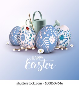 Stylish Happy Easter greeting card. Blue and white eggs with floral pattern.