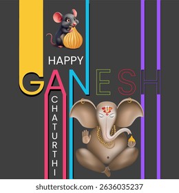Stylish Happy Ganesh Chaturthi Poster Featuring Ganesha with Modak and Mouse Dark Background with Bright Vertical Text for Festival Celebration and Digital Art
