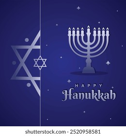 Stylish Happy Hanukkah card featuring creative symbols and a silver paper cut design on a colorful background. Perfect for celebrating the Jewish holiday with a modern twist on traditional themes