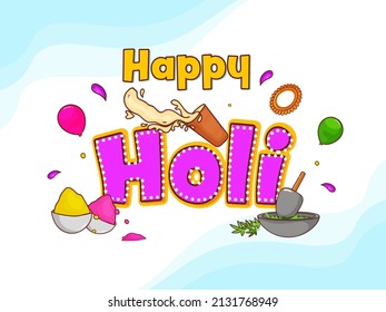 Stilvolle Happy-Holi-Schrift mit Schalen voller trockener Farbe (Gulal), Balloons, atemberaubendem thandailändischem Glas, Datura-Blätter aus Mortar und Pestle-Illustration.