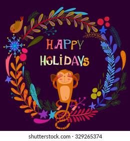 Stylish Happy Holidays card with lovely monkey and bright wreath.