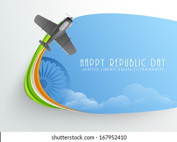 Stylish Happy Indian Republic Day concept with fighter airplane making tricolours wave in the sky. 