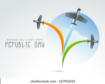 Stylish Happy Indian Republic Day concept with fighter airplanes making tricolours wave in the sky. 