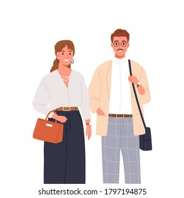 Stylish happy man and woman standing together vector flat illustration. Smiling couple or colleagues in trendy outfit isolated on white. Portrait of people posing in classy clothes and accessories