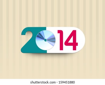 Dépliant, affiche ou bannière élégant pour la Bonne Année 2014, avec texte coloré et dessin de CD pour la célébration de la fête musicale.